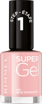 Jasnoróżowy lakier Rimmel Super Gel 021 New Romantic w butelce, z czarną nakrętką "STEP 1".