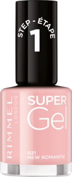 Jasnoróżowy lakier Rimmel Super Gel 021 New Romantic w butelce, z czarną nakrętką "STEP 1".