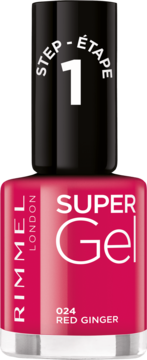 Rimmel Super Gel lakier do paznokci 024 Red Ginger, czerwony z czarną nakrętką, widok z przodu. Na nakrętce "Step 1".