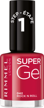 Czerwony lakier do paznokci Rimmel Super Gel w odcieniu Rock N Roll 042, z czarną nakrętką STEP 1, widok z przodu.