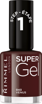 Ciemnobrązowy lakier do paznokci Rimmel Super Gel, odcień 043 Venus, widok z przodu, czarna nakrętka z napisem 'STEP 1'.