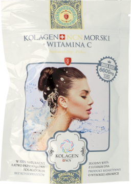 Biała saszetka Kolagen NCN Morski + Witamina C, suplement diety, z grafiką kobiety i wody, widok z przodu.