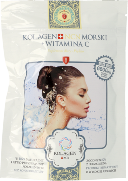 Biała saszetka Kolagen NCN Morski + Witamina C, suplement diety, z grafiką kobiety i wody, widok z przodu.