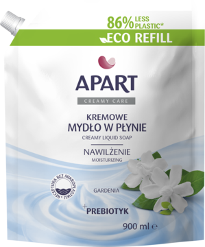 Biały refill mydła Apart Creamy Care Gardenia nawilżające, 900ml. Widok z przodu saszetki eco.