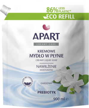 Biały refill mydła Apart Creamy Care Gardenia nawilżające, 900ml. Widok z przodu saszetki eco.