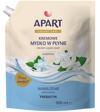 Apart Creamy Care kremowe mydło w płynie Gardenia 900 ml w beżowo-niebieskiej saszetce, widok z przodu.