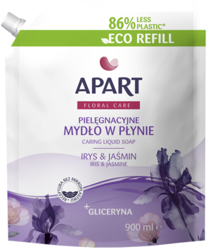Eco-refill Apart mydło w płynie Irys & Jaśmin 900 ml w białej saszetce z grafiką kwiatów, widok z przodu.