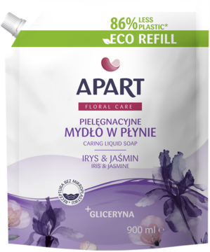 Eco-refill Apart mydło w płynie Irys & Jaśmin 900 ml w białej saszetce z grafiką kwiatów, widok z przodu.