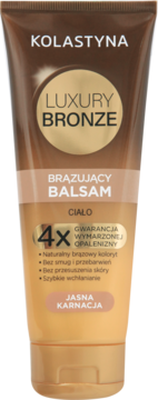 Kolastyna Luxury Bronze, brązujący balsam do ciała w brązowo-złotej tubce, widok z przodu, z napisem Jasna Karnacja.