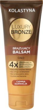 Kolastyna Luxury Bronze, brązujący balsam do ciała dla ciemnej karnacji, w gradientowej tubce, widok z przodu.