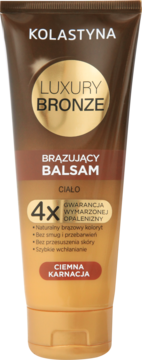 Kolastyna Luxury Bronze, brązujący balsam do ciała dla ciemnej karnacji, w gradientowej tubce, widok z przodu.