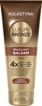Kolastyna Luxury Bronze brązujący balsam do ciała dla ciemnej karnacji, tubka w kolorze brązowo-złotym.