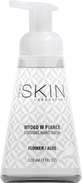 Widok z przodu butelki ProSkin Mydło w piance Kwiaty/Aloes 320 ml, z białą pompką i etykietą w szaro-białe wzory.
