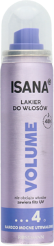 Liliowy lakier do włosów Isana Volume z filtrem UV, mocne utrwalenie 48h, w puszce, widok z przodu.