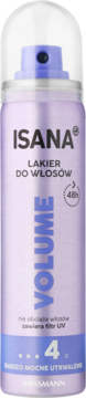 Fioletowy lakier do włosów Isana Volume 48h z filtrem UV, bardzo mocne utrwalenie, widok z przodu.