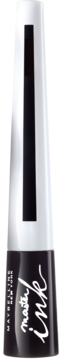 Czarny płynny eyeliner Maybelline Master Ink, pionowy kadr, z białą nakrętką i widocznym aplikatorem.