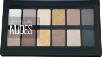 Maybelline The Nudes Palette, 12 beżowo-brązowych cieni do powiek (5 mat, 7 błysk), otwarta, widok z góry.