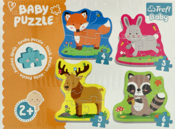 Opakowanie puzzli Trefl Baby dla 2+: cztery zwierzątka (lis, królik, łoś, szop) z grubymi, dużymi elementami.