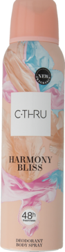 C-THRU Harmony Bliss dezodorant w aerozolu, widok z przodu, brzoskwiniowa butelka z falistym wzorem i różową nakrętką.
