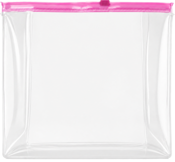 Przezroczysta kosmetyczka podróżna z PVC, kwadratowa, z różowym zamknięciem strunowym, widok z przodu.