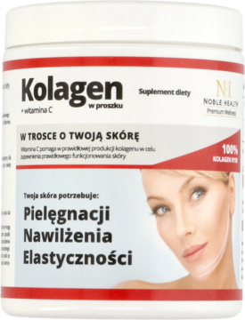 Biały słoik Kolagen Noble Health w proszku z witaminą C, widok z przodu, z etykietą i wizerunkiem kobiety.