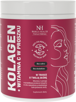 Noble Health kolagen + witamina C w proszku, biały pojemnik z różową etykietą i profilem kobiety, widok z przodu.