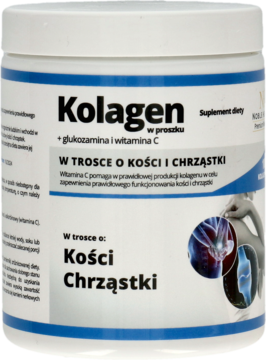 Biała tubka suplementu Kolagen w proszku z glukozaminą i witaminą C na kości i chrząstki, widok z przodu.