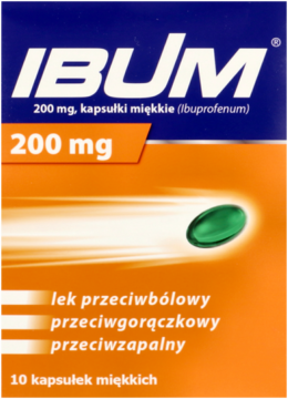 Pomarańczowo-niebieskie opakowanie IBUM 200 mg kapsułek miękkich z zieloną kapsułką; lek przeciwbólowy, przeciwgorączkowy.