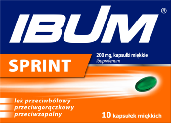Widok z przodu niebiesko-pomarańczowego opakowania IBUM SPRINT 200 mg, lek przeciwbólowy, kapsułki miękkie.