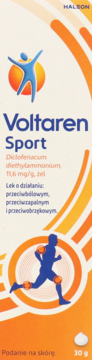 Voltaren Sport żel 30g w biało-pomarańczowym pudełku, z grafiką ludzików i opisem działania przeciwbólowego.