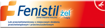 Fenistil żel, przeciwhistaminowy żel na ukąszenia, w biało-pomarańczowym opakowaniu z ikoną komara, widok z przodu.
