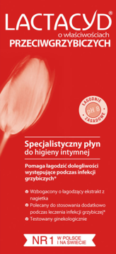 Lactacyd płyn intymny przeciwgrzybiczy, czerwona butelka z białym tekstem, pH 8, widok z przodu.