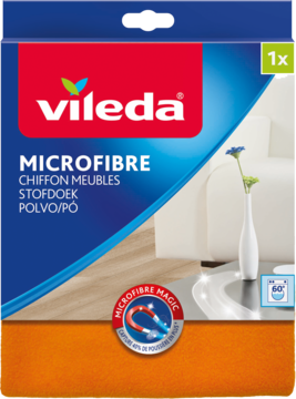 Vileda Microfibre ściereczka do kurzu w niebiesko-pomarańczowym opakowaniu, z logo i sceną salonu.