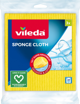 Vileda Sponge Cloths, 3-pak chłonnych ściereczek celulozowo-bawełnianych w różnych kolorach, widok z przodu.