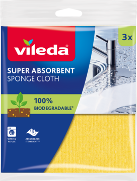 Vileda Super Absorbent Sponge Cloth, 3 sztuki, żółta ściereczka w niebiesko-zielonym opakowaniu z logo i napisem '100% BIODEGRADABLE'.