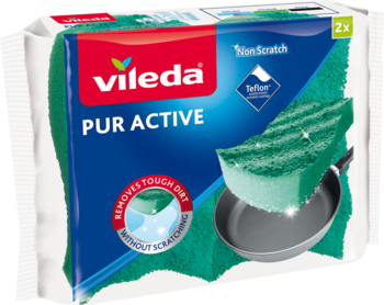 Zestaw dwóch zielonych gąbek Vileda Pur Active Non Scratch do czyszczenia bez zarysowań, widok z przodu.