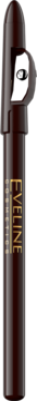 Ciemnobrązowy eyeliner w kredce EYELINE AUTOMATIC z odkrytą temperówką, pionowe ujęcie na czarnym tle.