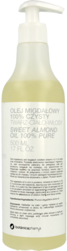 Jasnożółty Olej Migdałowy 100% Pure 500ml w butelce z białą pompką. Widok z przodu etykiety.