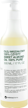 Biała butelka z pompką Sweet Almond Oil 100% Pure 500ml, jasny olej, zielony napis, widok przód.