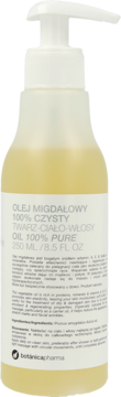 Butelka 100% czystego oleju migdałowego BotanicaPharma 250ml z pompką, do twarzy, ciała i włosów, przód.