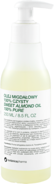 Biała butelka Botanica Pharma Sweet Almond Oil 100% Pure z pompką, widok z przodu na etykietę.