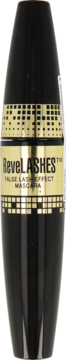 Maskara ReveLASHES, czarna tubka ze złotym, pikselowym wzorem i napisem "False Lash Effect", widok z przodu.