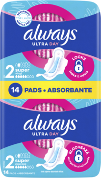 Always Ultra Day 2 Super podpaski, 14 sztuk, niebieskie opakowanie z różowym zamkiem, ochrona przed przeciekaniem.