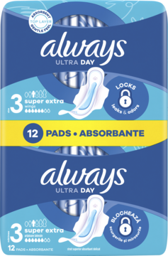 Dwa opakowania podpasek Always Ultra Day Size 3 super extra, z symbolem kłódki na przecieki i zapach, widok z przodu.