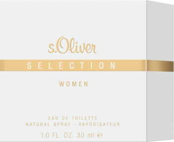 Białe pudełko perfum s.Oliver SELECTION Women EDT z poziomym złotym paskiem i czarnym napisem, widok przód/bok.