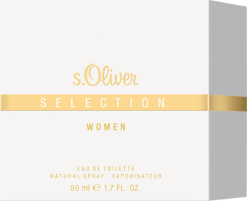 S.Oliver Selection Women Eau de Toilette 50ml w białym pudełku z poziomym złotym pasem, widok z przodu.