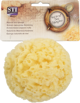 Duża, jasnożółta naturalna gąbka morska typu Grass w opakowaniu, delikatna do pielęgnacji skóry wrażliwej.
