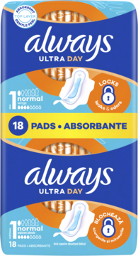Dwa ułożone opakowania podpasek Always Ultra Day Normal (rozmiar 1). Niebieskie z pomarańczowymi detalami, 18 sztuk.