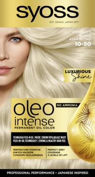 Syoss Oleo Intense trwała farba do włosów Popielaty Blond 10-50. Jasne pudełko z blondynką, bez amoniaku.