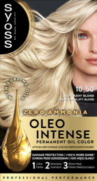 Syoss Oleo Intense 10_50 permanentna farba do włosów, popielaty blond bez amoniaku, przód pudełka z modelką.